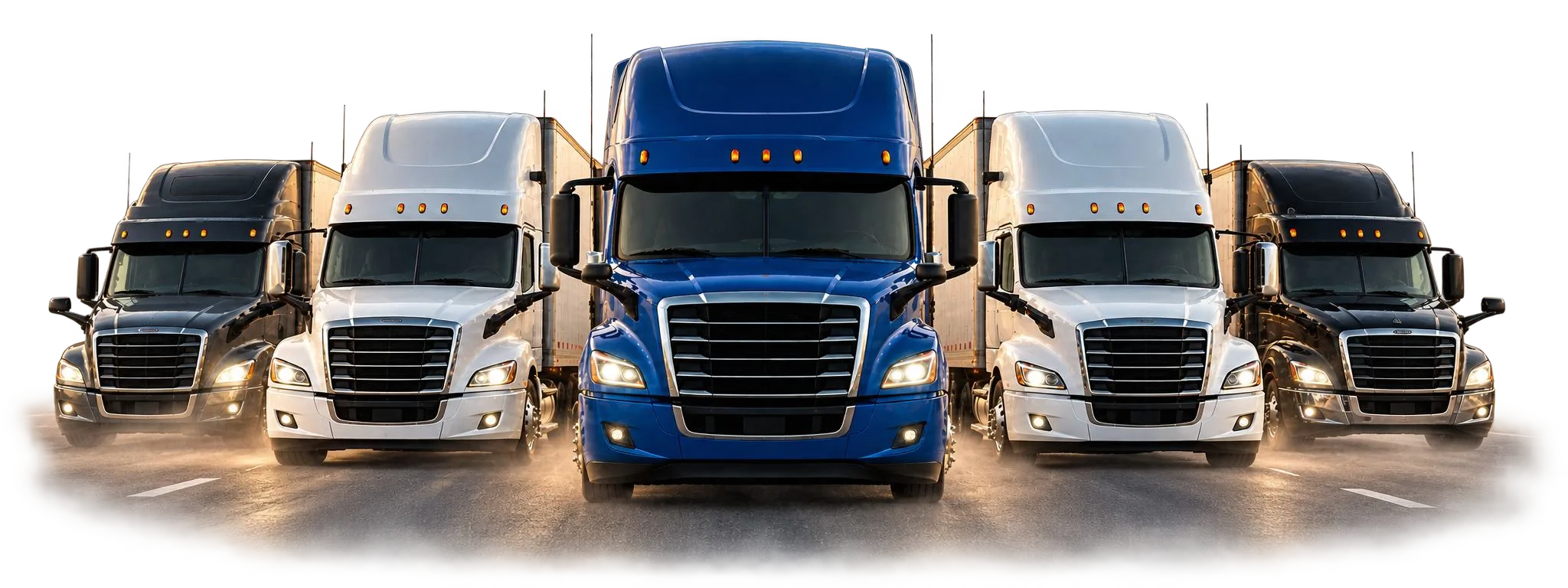 Five semi trucks lined up on a highway