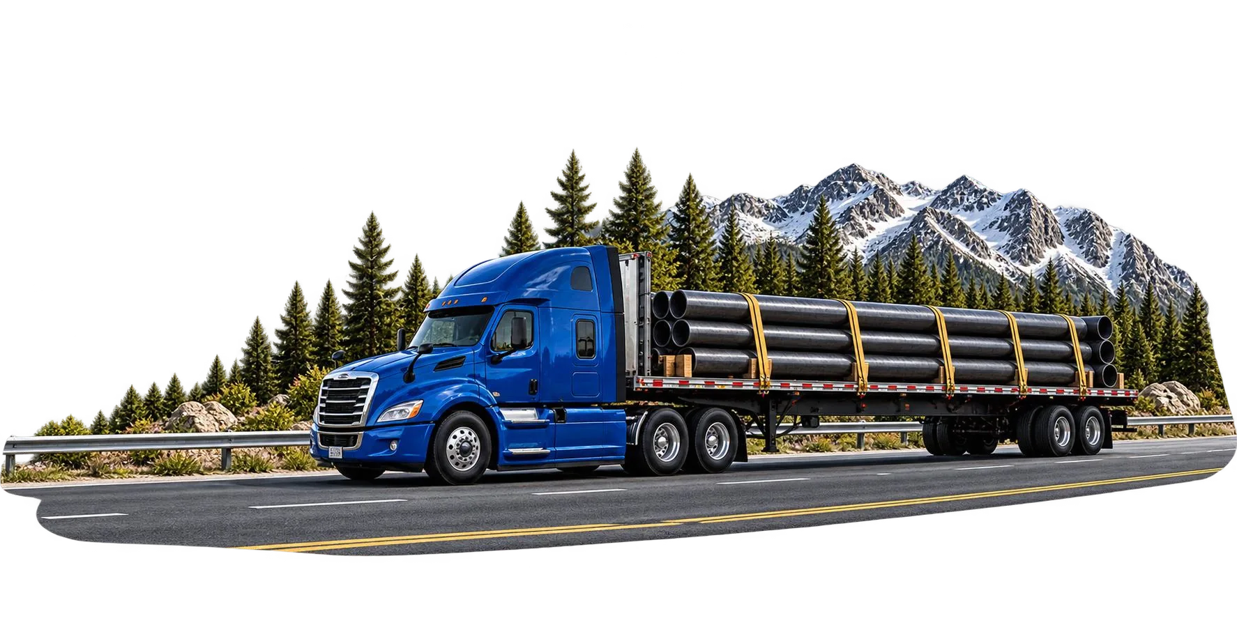 Blue flatbed truck hauling steel pipes