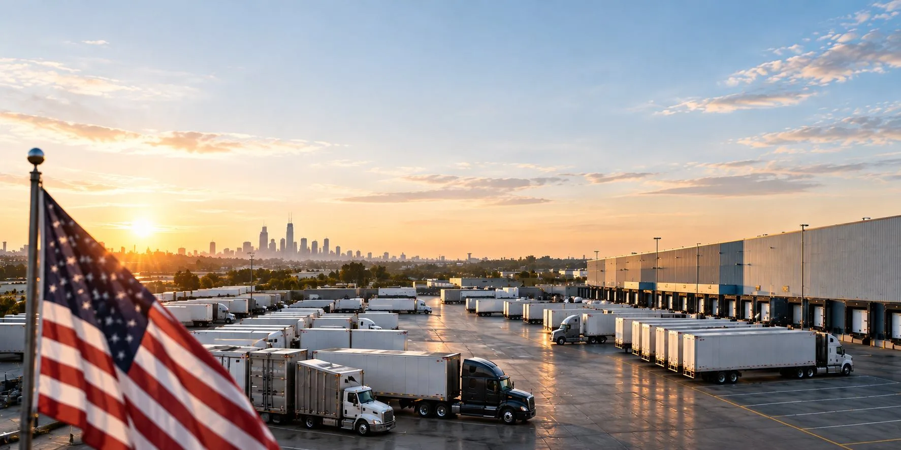 Truck terminal at sunset with the US flag