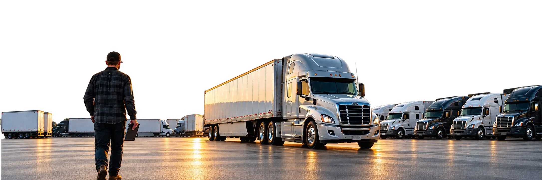 Owner walking toward his new truck at a fleet yard at sunset