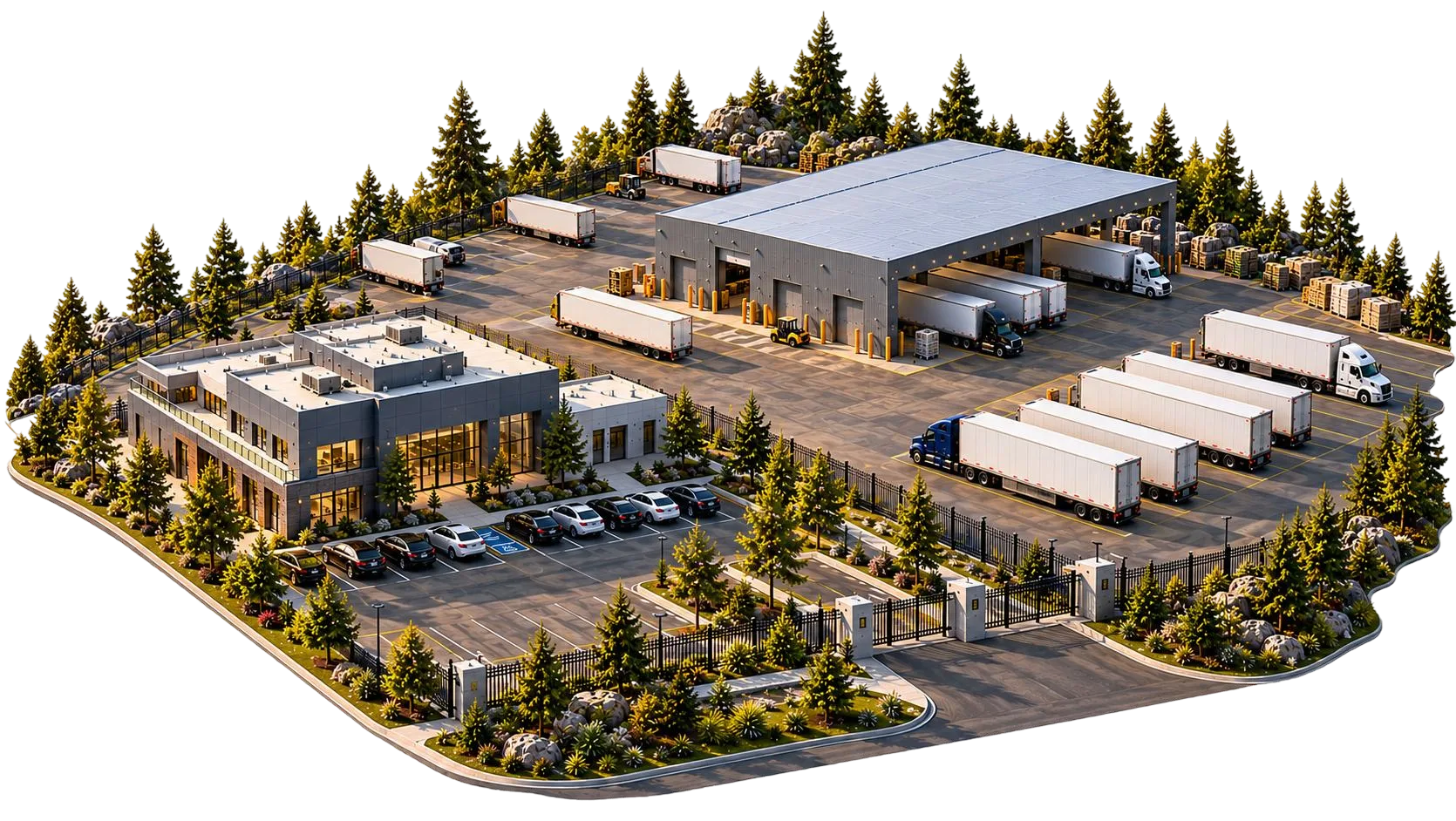 Aerial view of a trucking terminal with a warehouse and parked trailers