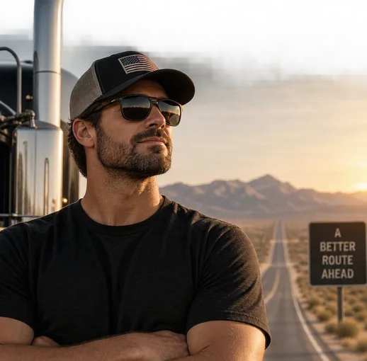 Owner-operator standing by his truck on a desert highway