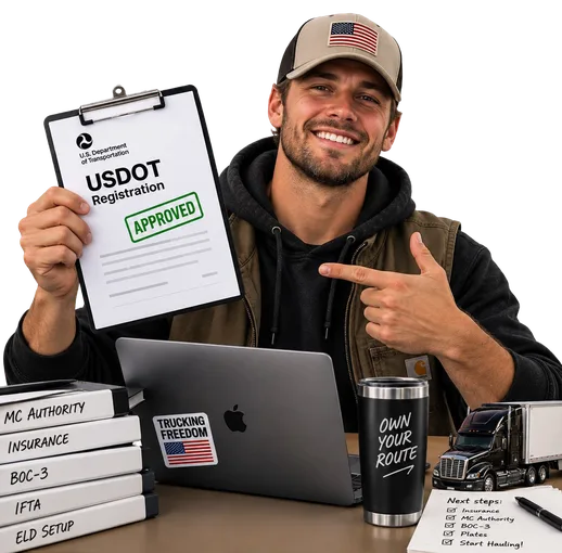 Smiling man holding an approved USDOT registration