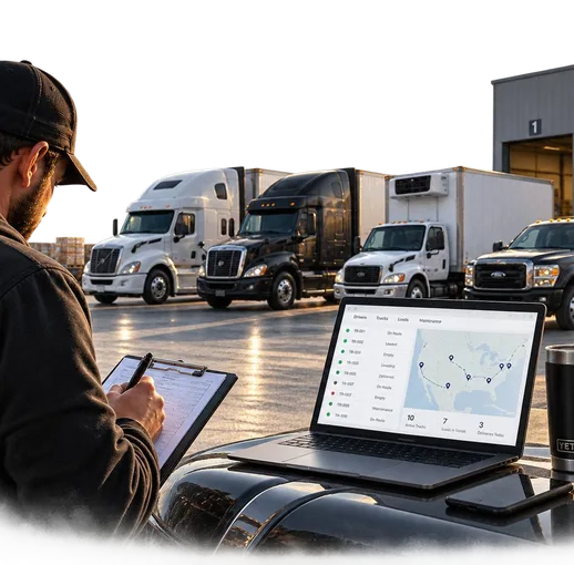 Fleet owner checking loads on a laptop next to his trucks